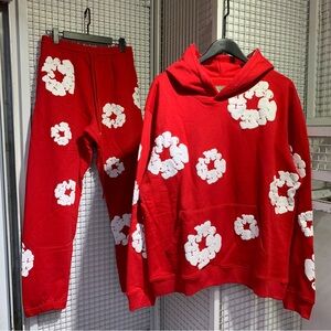 denim tears Red Floral Hoodie and Sweatpants Set